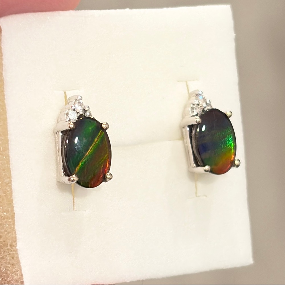 14K Ammolite Earrings Diamond Accent White Gold Rainbow AAA Oval Solitaire Studs - Picture 10 of 15